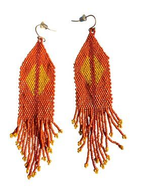 Vintage Beaded Fringe Earrings Native American Orange Yellow Hook Estate 4.5"